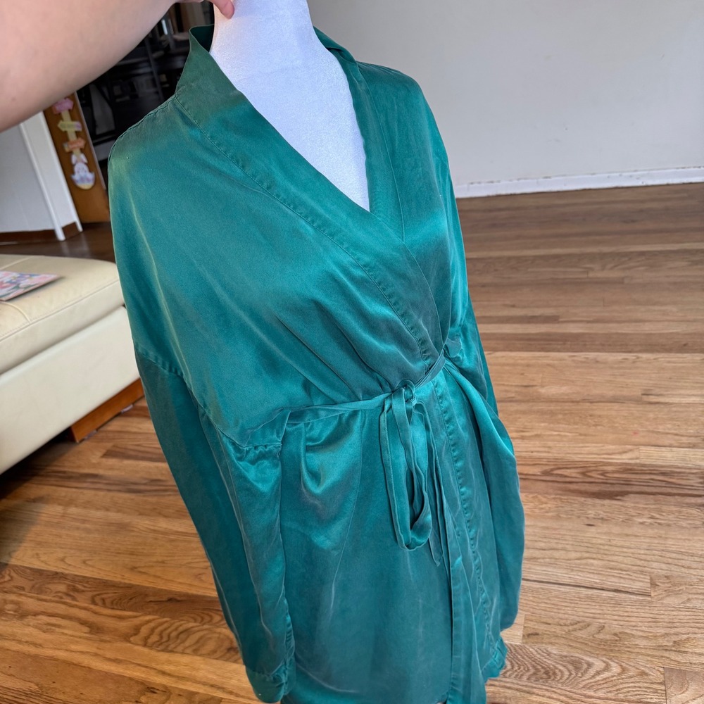 Victorias Secret 100% Silk Robe Emerald Green Kimono Wrap M/L Loungewear - Picture 3 of 6